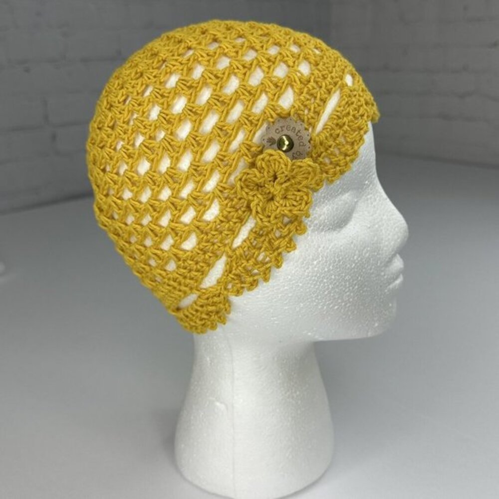 Created by‎ Cyd Juliet Yellow Crochet Beanie Flower Scalloped Artisan Hat NEW